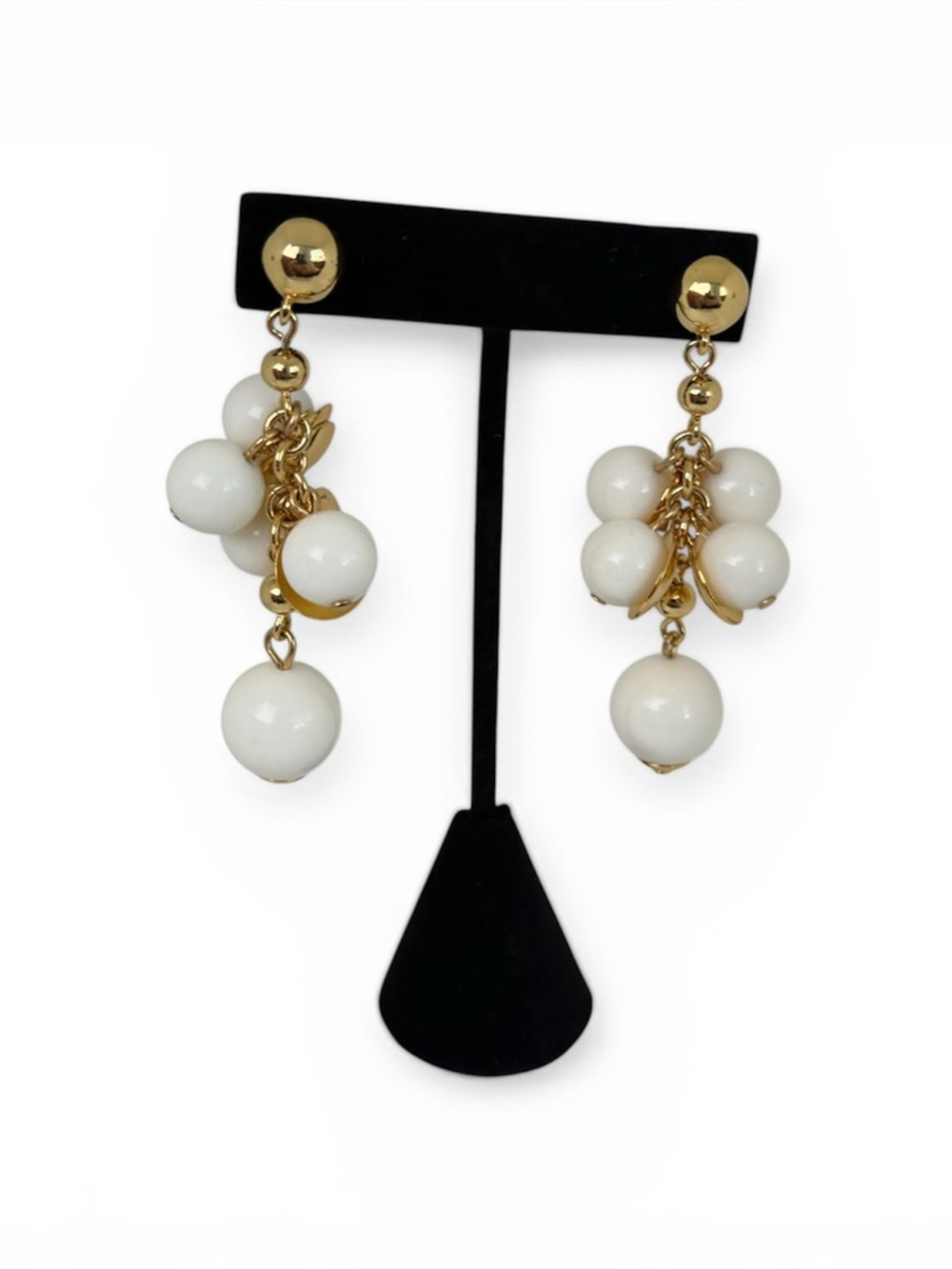 J Crew pea pod drop earrings featuring white beads on a gold-tone chain
